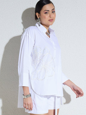 White Poplin Embellishment Oversize Shirt-SASSAFRAS