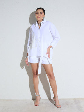 White Poplin Embellishment Oversize Shirt-SASSAFRAS