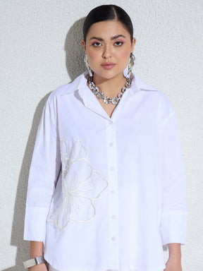 White Poplin Embellishment Oversize Shirt-SASSAFRAS