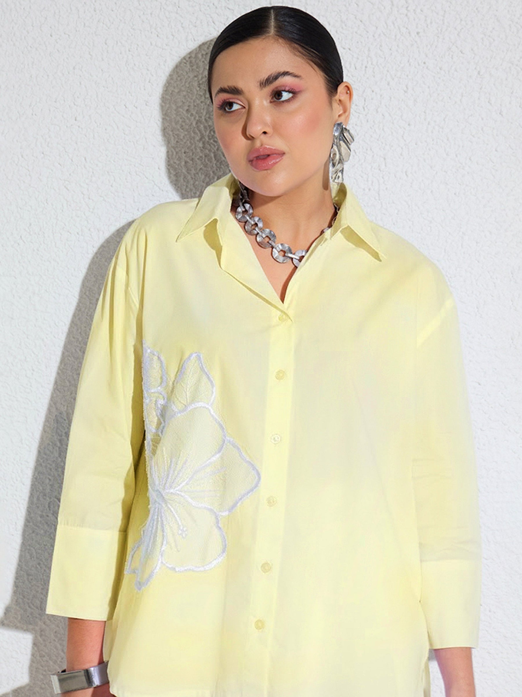 Yellow Poplin Embellishment Oversize shirt-SASSAFRAS