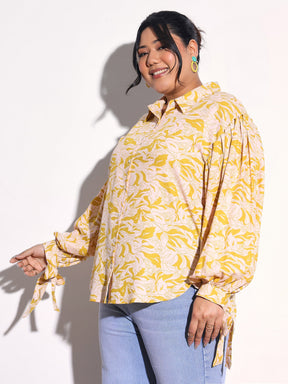 Yellow Floral Sleeve Knot Collar Shirt -SASSAFRAS Curve