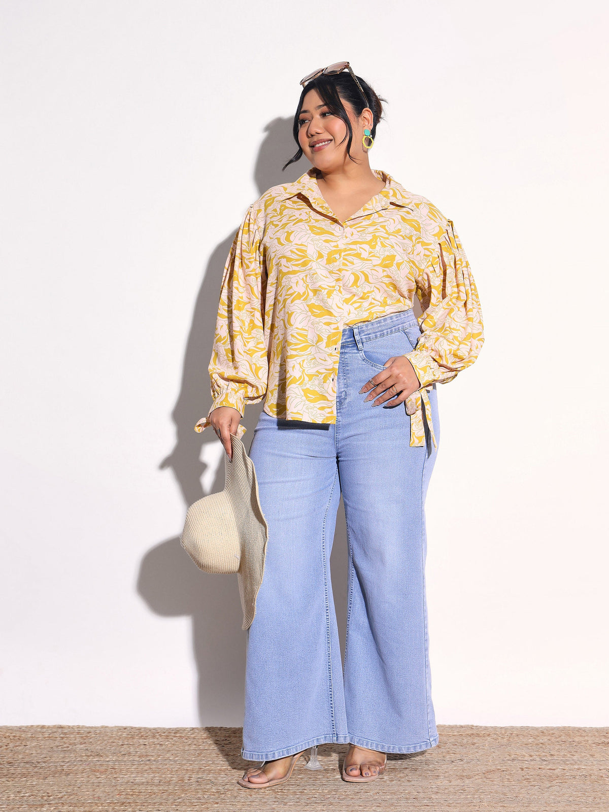 Yellow Floral Sleeve Knot Collar Shirt -SASSAFRAS Curve