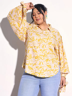 Yellow Floral Sleeve Knot Collar Shirt -SASSAFRAS Curve