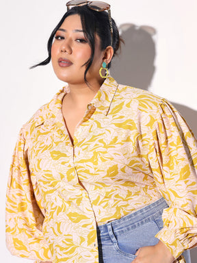 Yellow Floral Sleeve Knot Collar Shirt -SASSAFRAS Curve