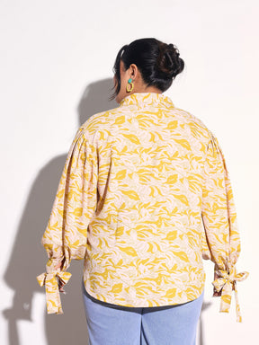 Yellow Floral Sleeve Knot Collar Shirt -SASSAFRAS Curve