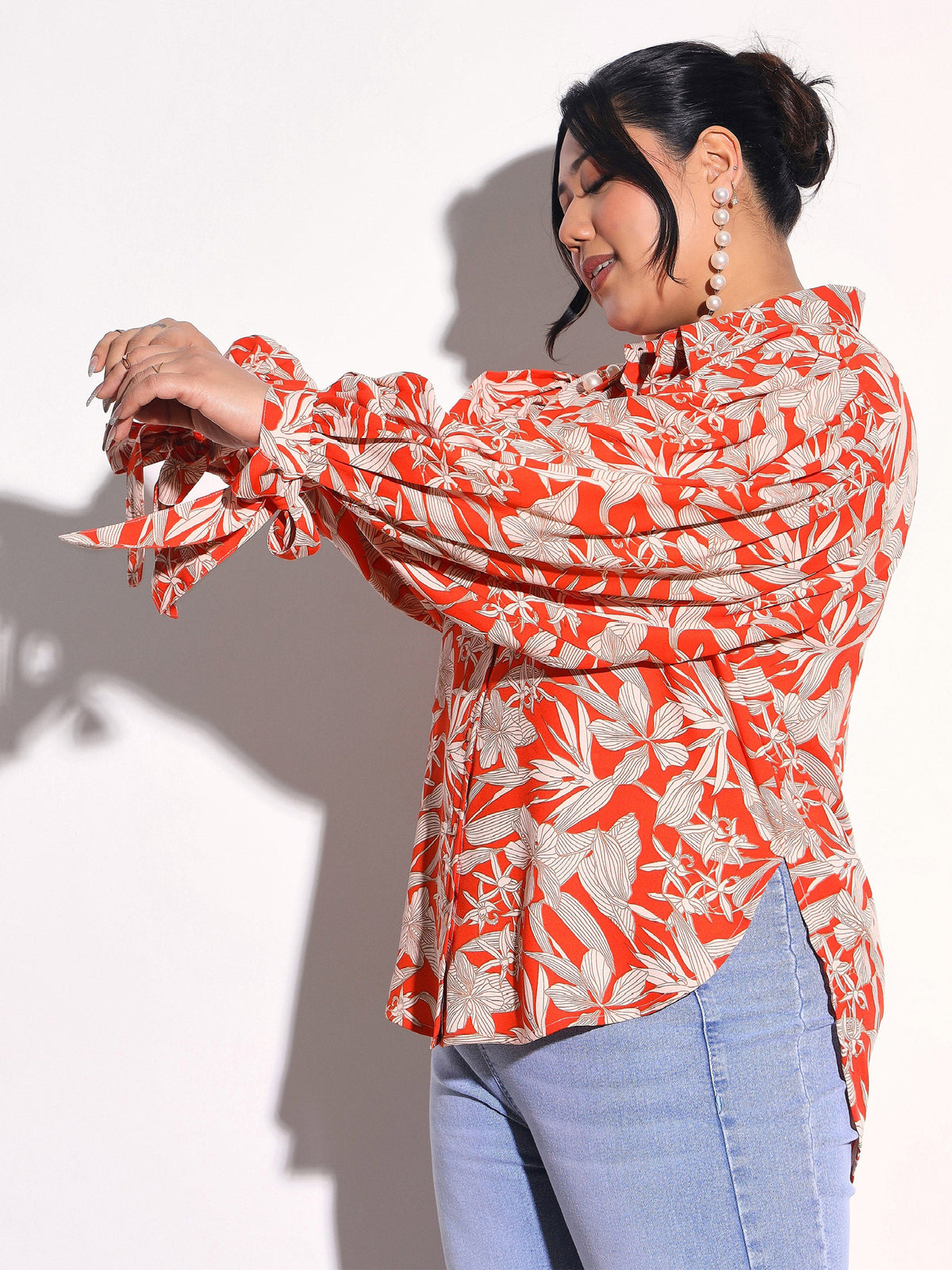 Orange Floral Sleeve Knot Collar Shirt -SASSAFRAS Curve