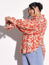 Orange Floral Sleeve Knot Collar Shirt -SASSAFRAS Curve