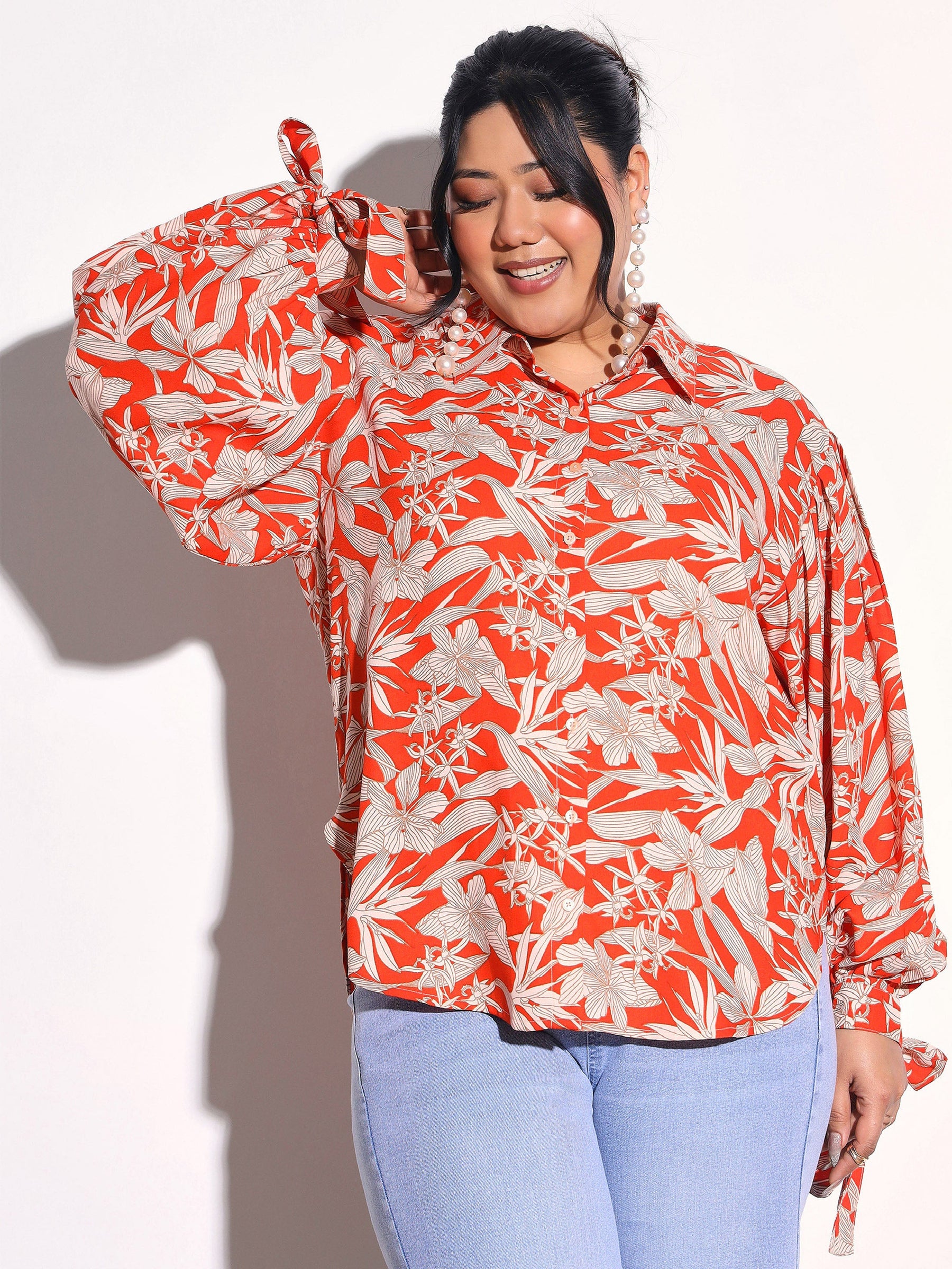 Orange Floral Sleeve Knot Collar Shirt -SASSAFRAS Curve