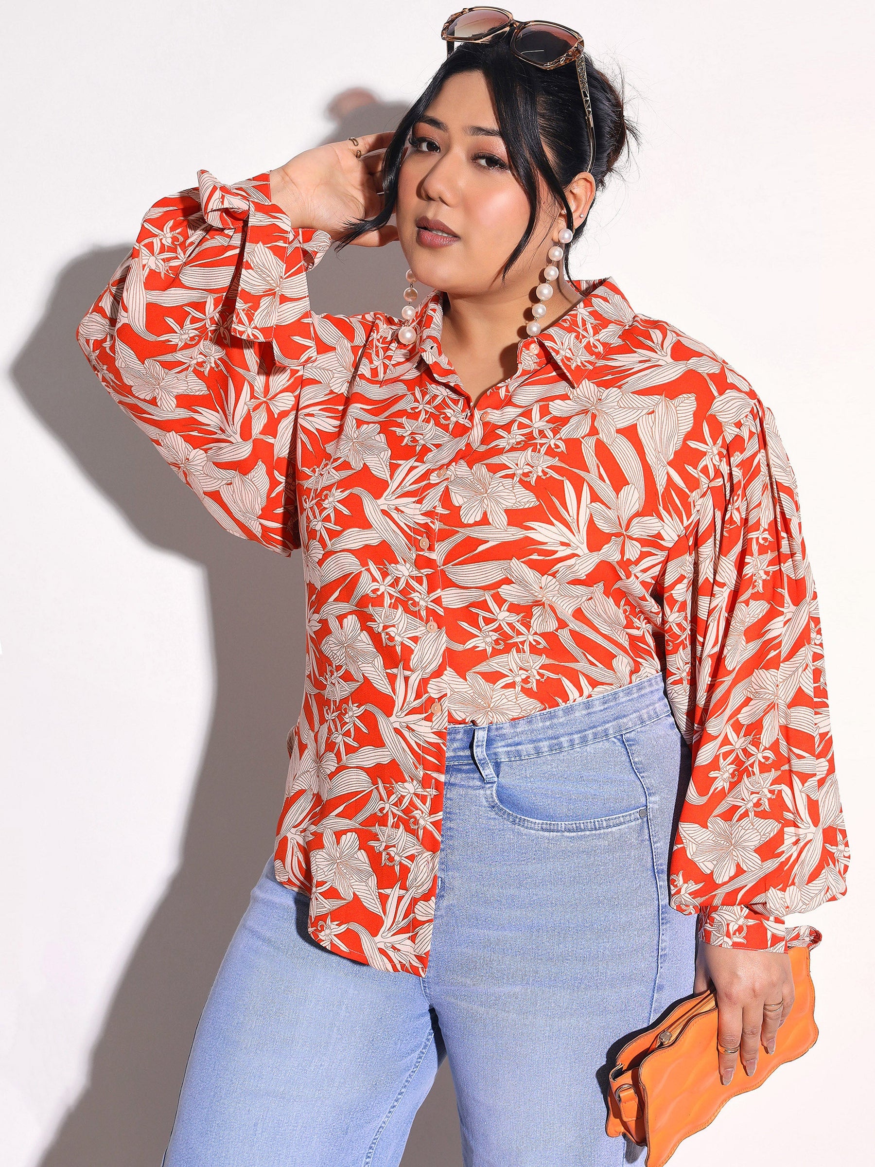 Orange Floral Sleeve Knot Collar Shirt -SASSAFRAS Curve
