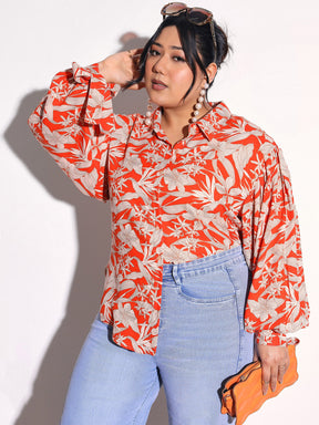 Orange Floral Sleeve Knot Collar Shirt -SASSAFRAS Curve