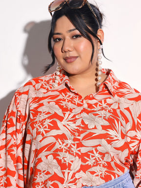 Orange Floral Sleeve Knot Collar Shirt -SASSAFRAS Curve