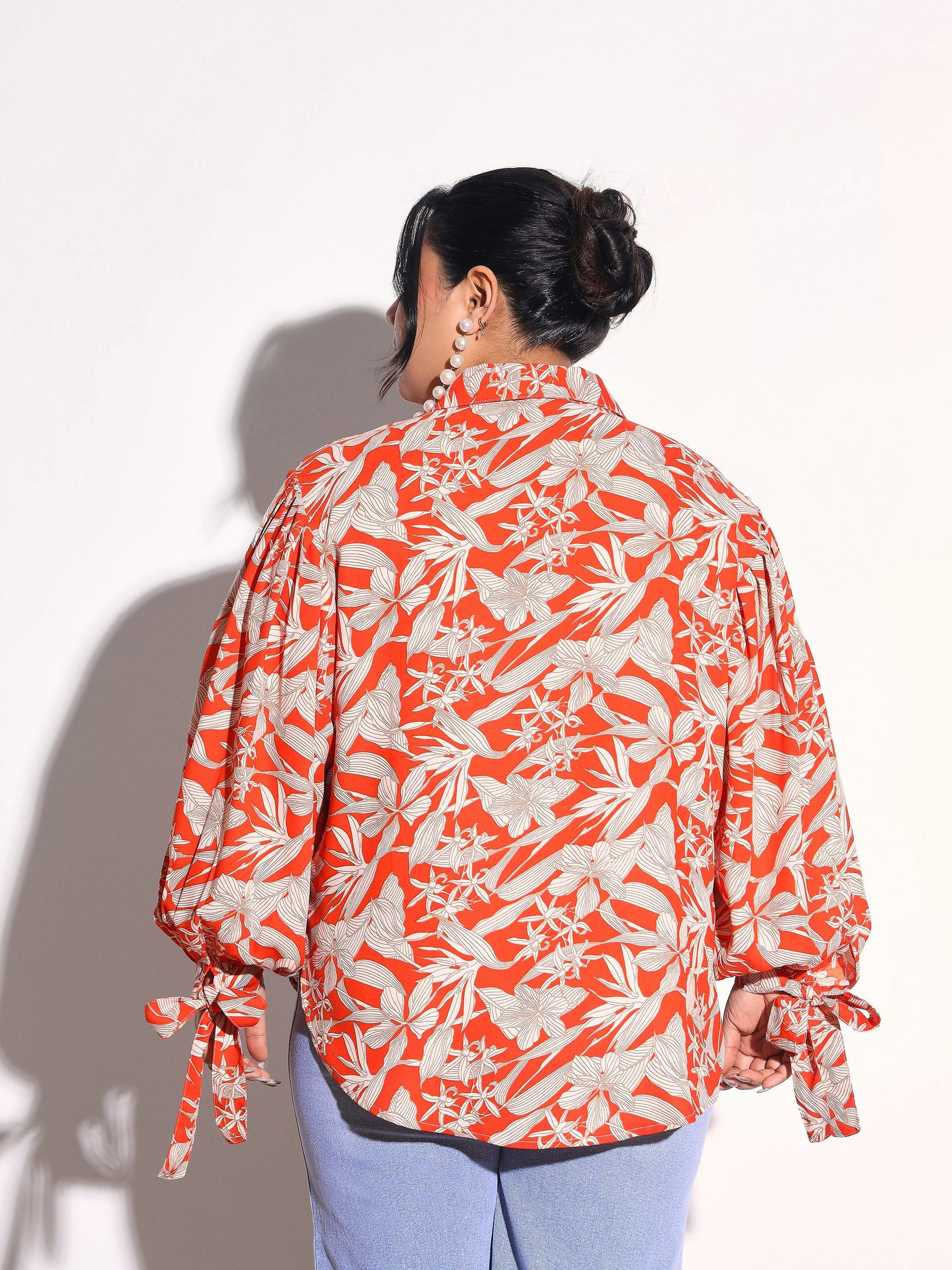 Orange Floral Sleeve Knot Collar Shirt -SASSAFRAS Curve