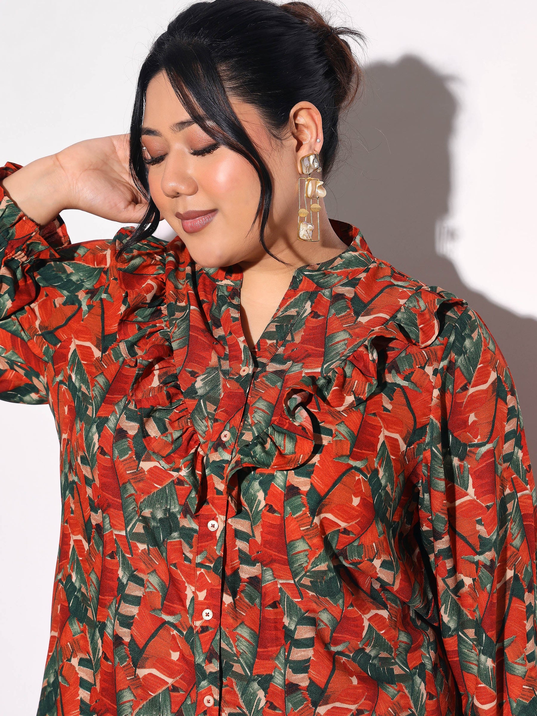 Rust Tropical Print Front Frill Regular Shirt -SASSAFRAS Curve