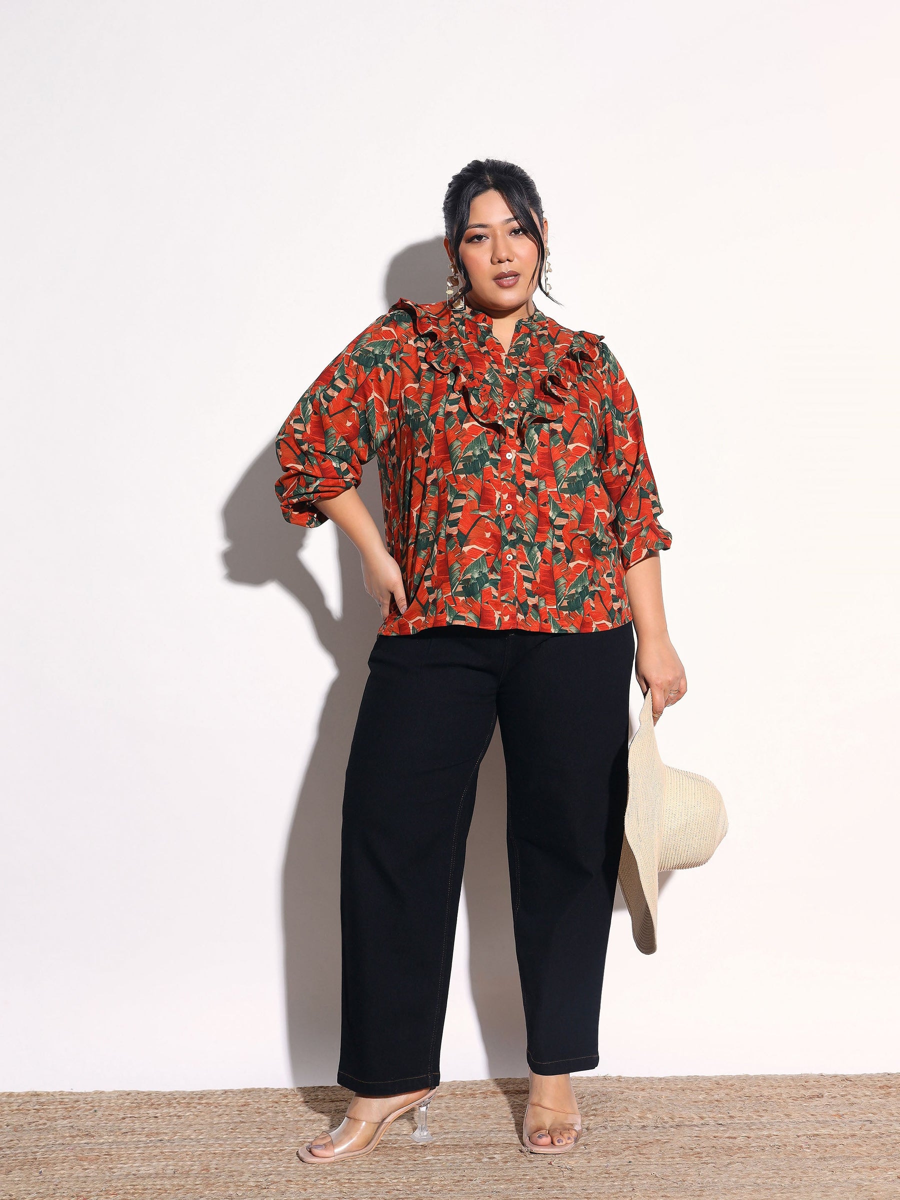 Rust Tropical Print Front Frill Regular Shirt -SASSAFRAS Curve