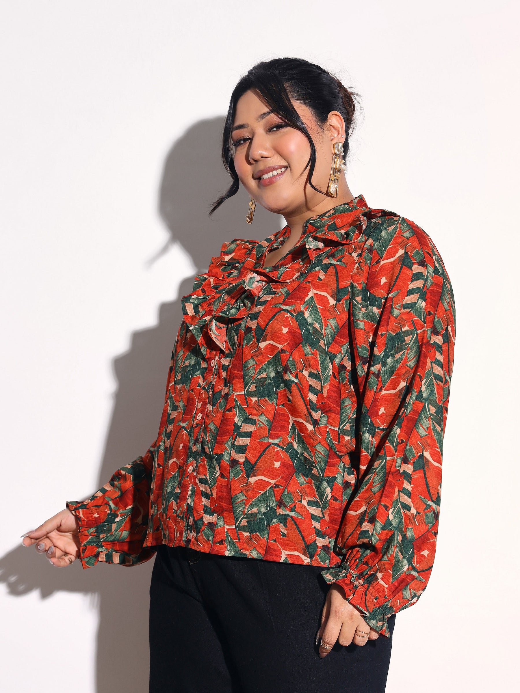 Rust Tropical Print Front Frill Regular Shirt -SASSAFRAS Curve