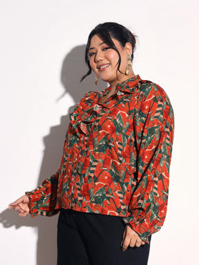 Rust Tropical Print Front Frill Regular Shirt -SASSAFRAS Curve