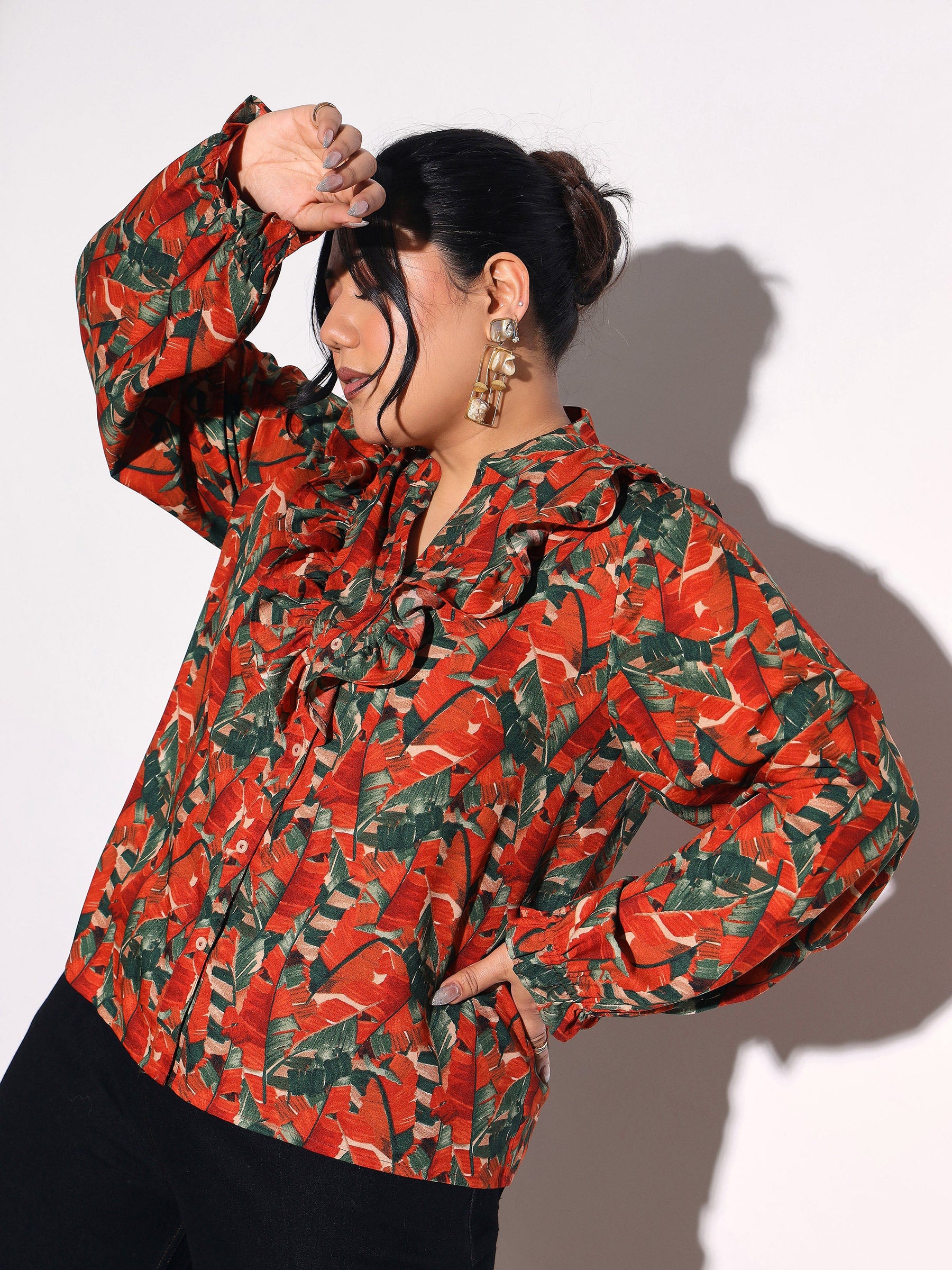 Rust Tropical Print Front Frill Regular Shirt -SASSAFRAS Curve