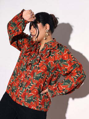 Rust Tropical Print Front Frill Regular Shirt -SASSAFRAS Curve