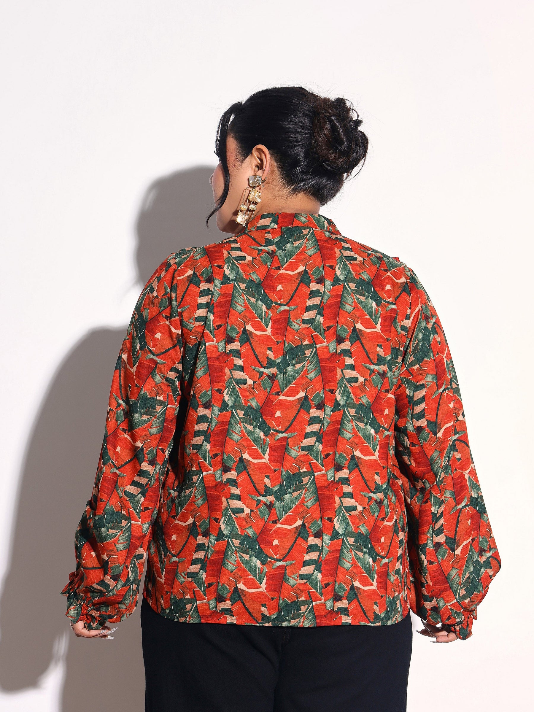 Rust Tropical Print Front Frill Regular Shirt -SASSAFRAS Curve
