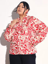 Red Floral Front Frill Regular Shirt-SASSAFRAS Curve