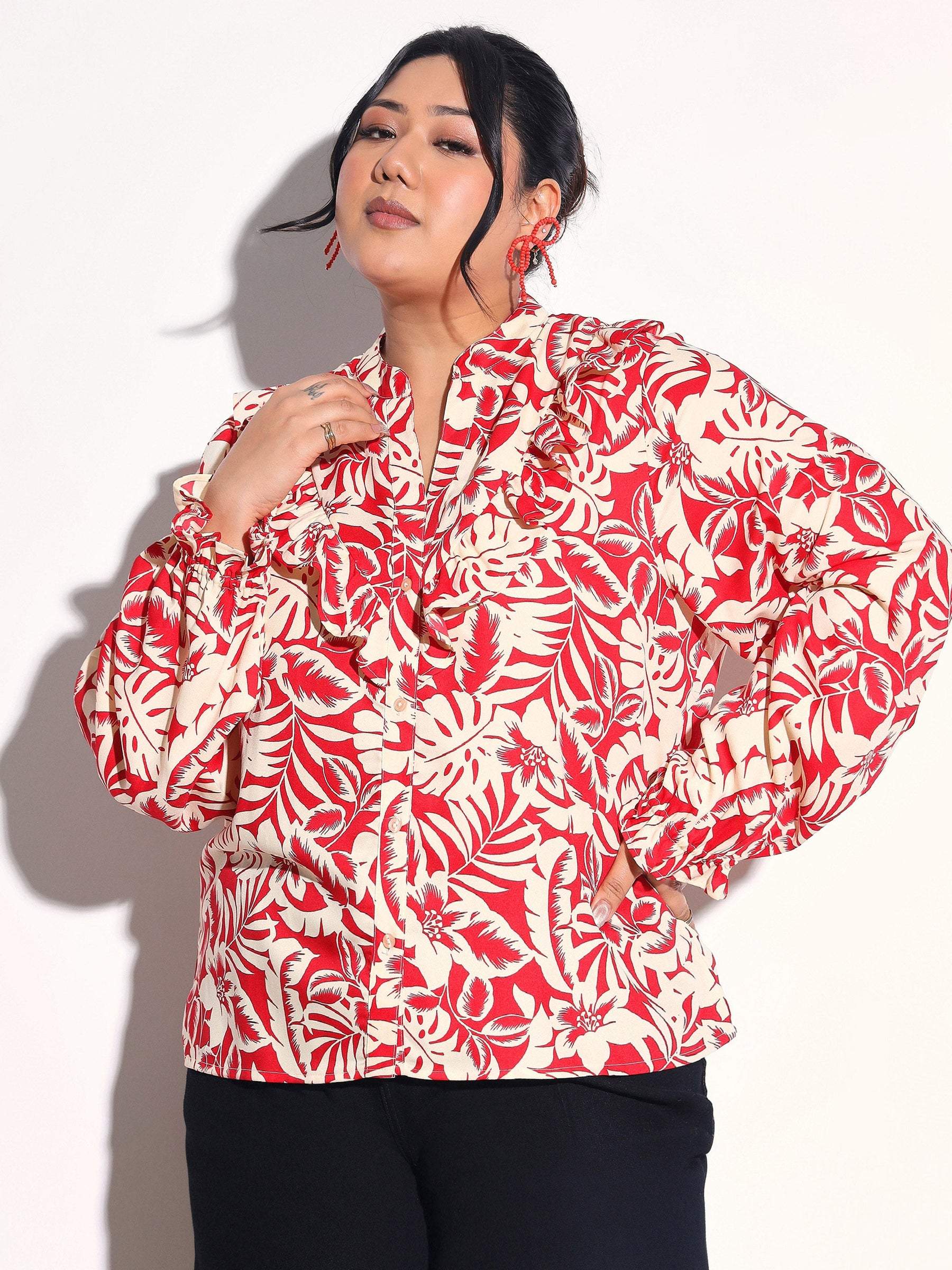 Red Floral Front Frill Regular Shirt-SASSAFRAS Curve