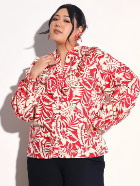 Red Floral Front Frill Regular Shirt-SASSAFRAS Curve