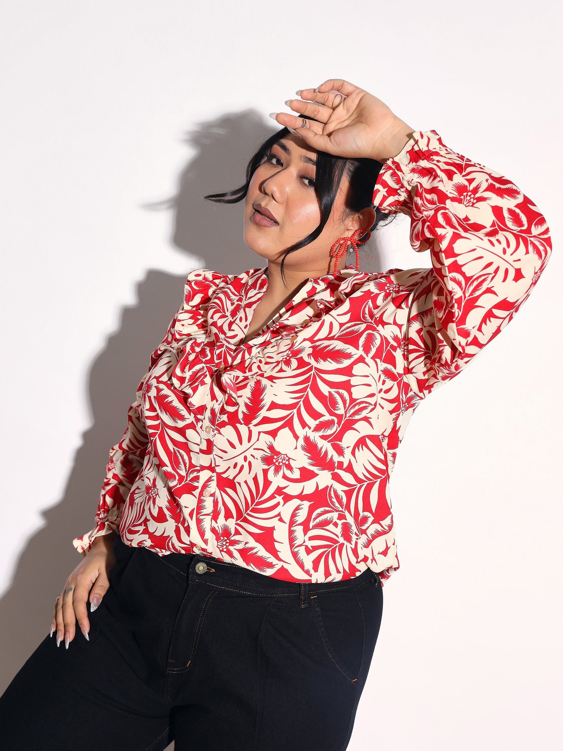 Red Floral Front Frill Regular Shirt-SASSAFRAS Curve
