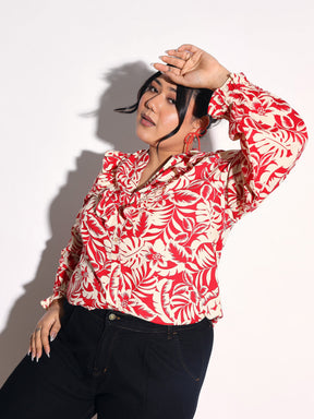 Red Floral Front Frill Regular Shirt-SASSAFRAS Curve