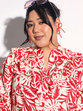 Red Floral Front Frill Regular Shirt-SASSAFRAS Curve