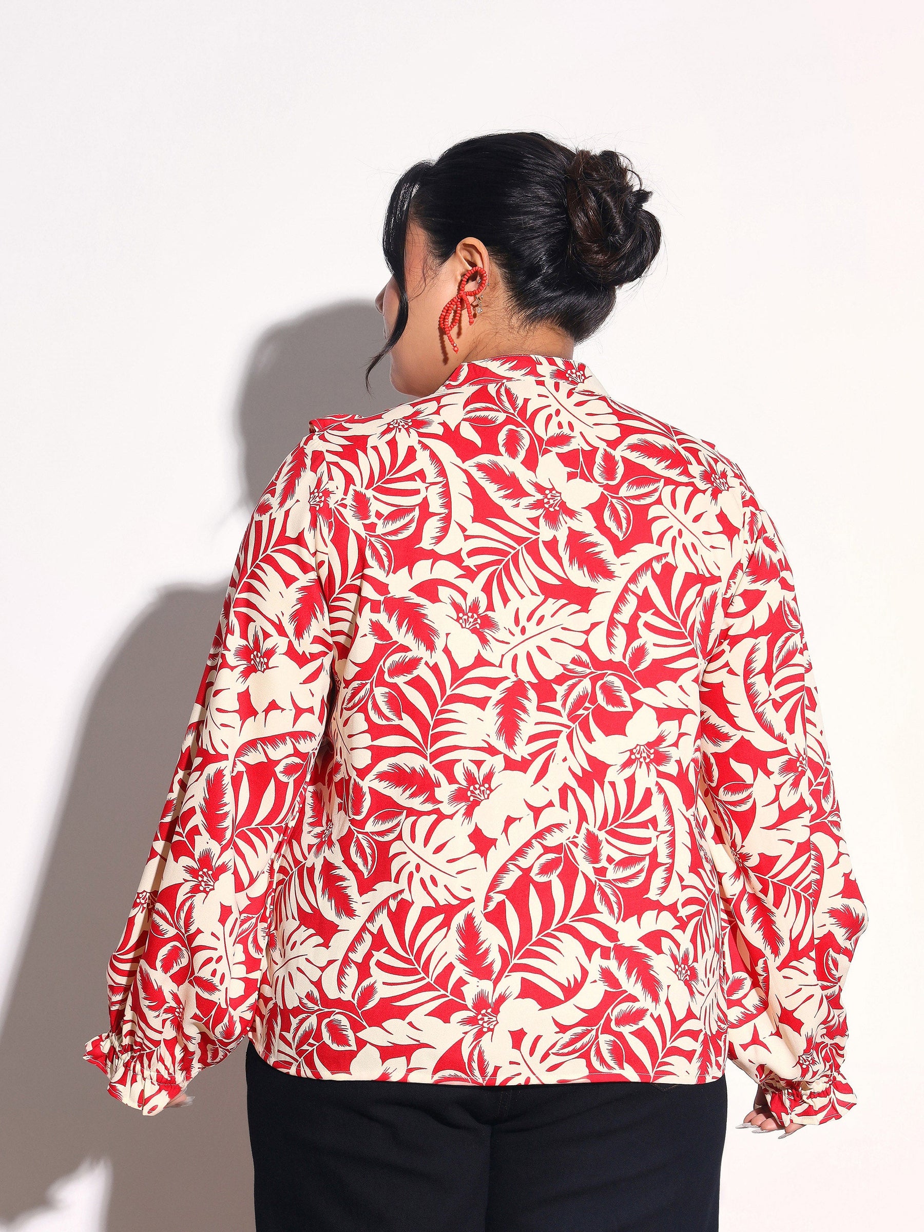Red Floral Front Frill Regular Shirt-SASSAFRAS Curve