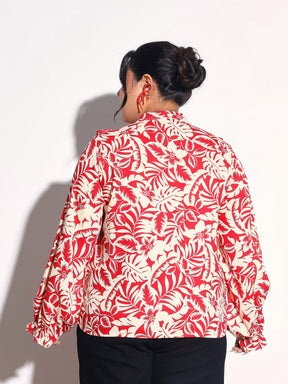 Red Floral Front Frill Regular Shirt-SASSAFRAS Curve