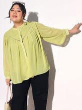 Green Solid Front Gathered Lace Shirt -SASSAFRAS Curve