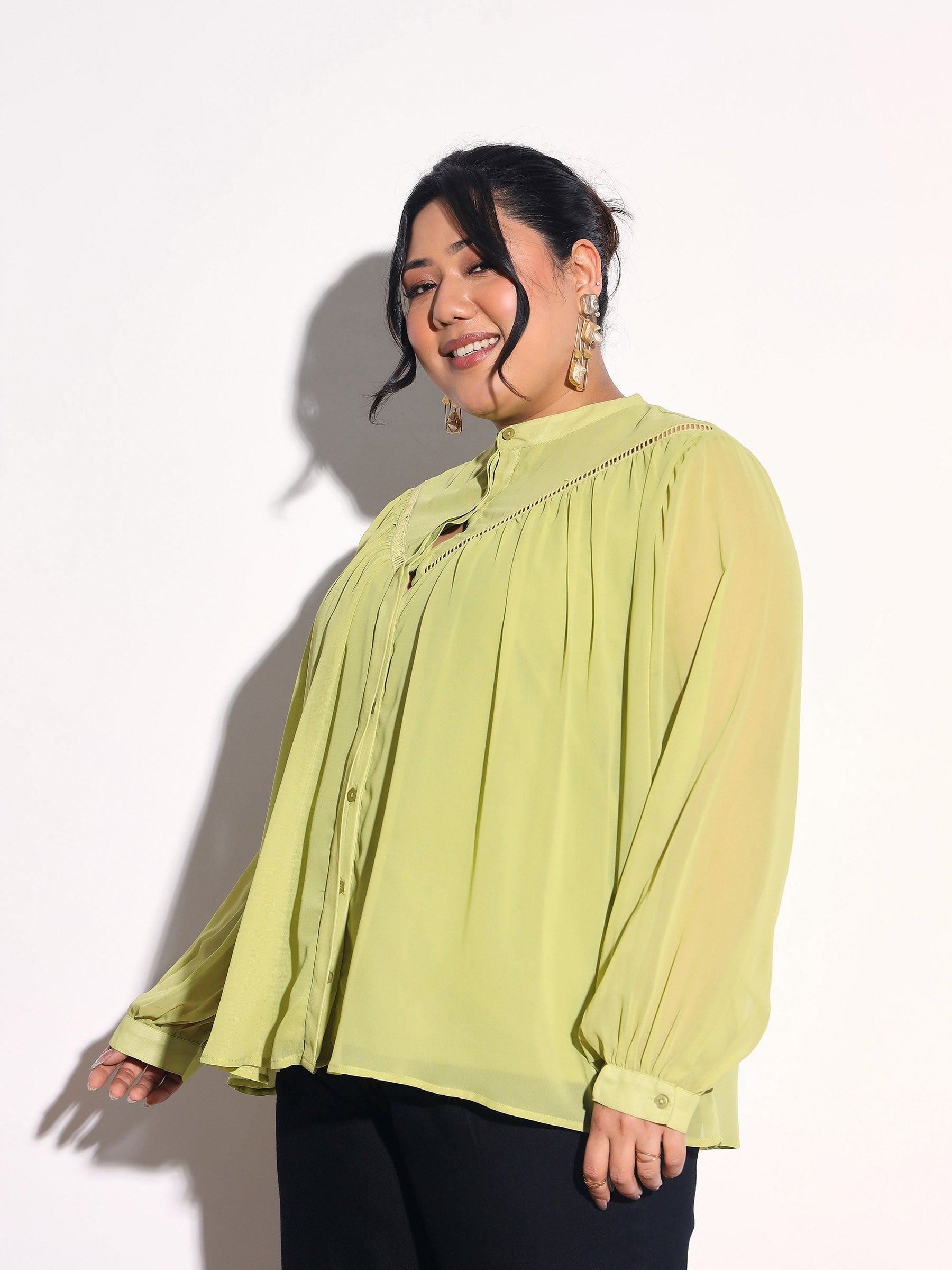 Green Solid Front Gathered Lace Shirt -SASSAFRAS Curve