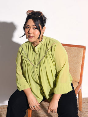Green Solid Front Gathered Lace Shirt -SASSAFRAS Curve