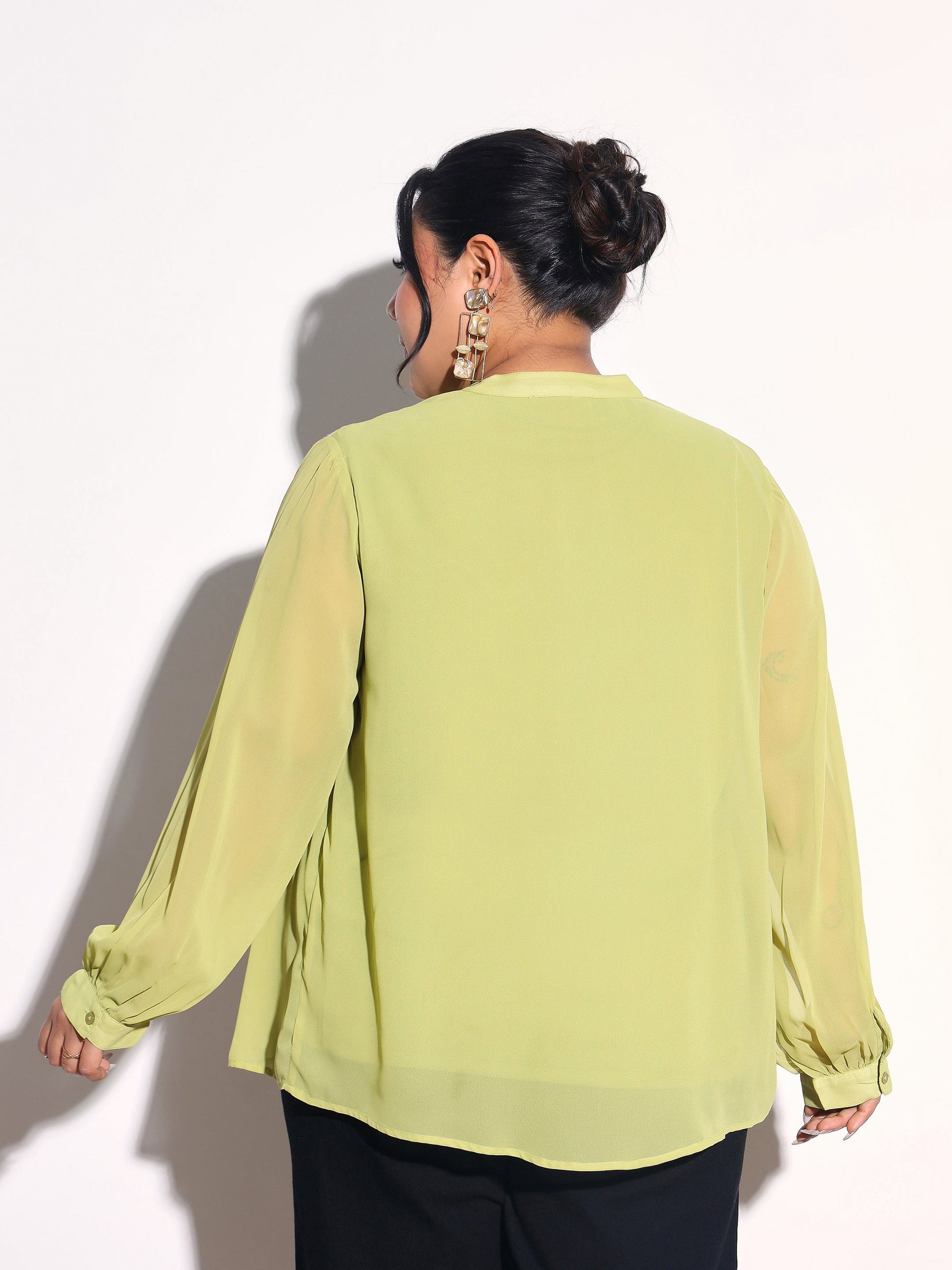 Green Solid Front Gathered Lace Shirt -SASSAFRAS Curve