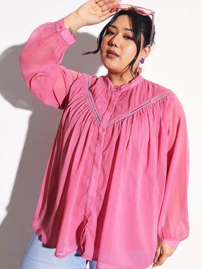 Pink Solid Front Gathered Lace Shirt -SASSAFRAS Curve