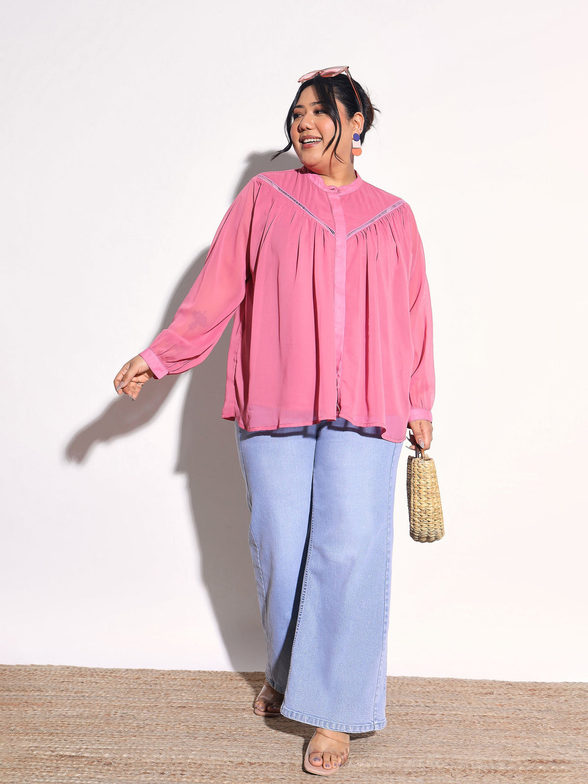 Pink Solid Front Gathered Lace Shirt -SASSAFRAS Curve