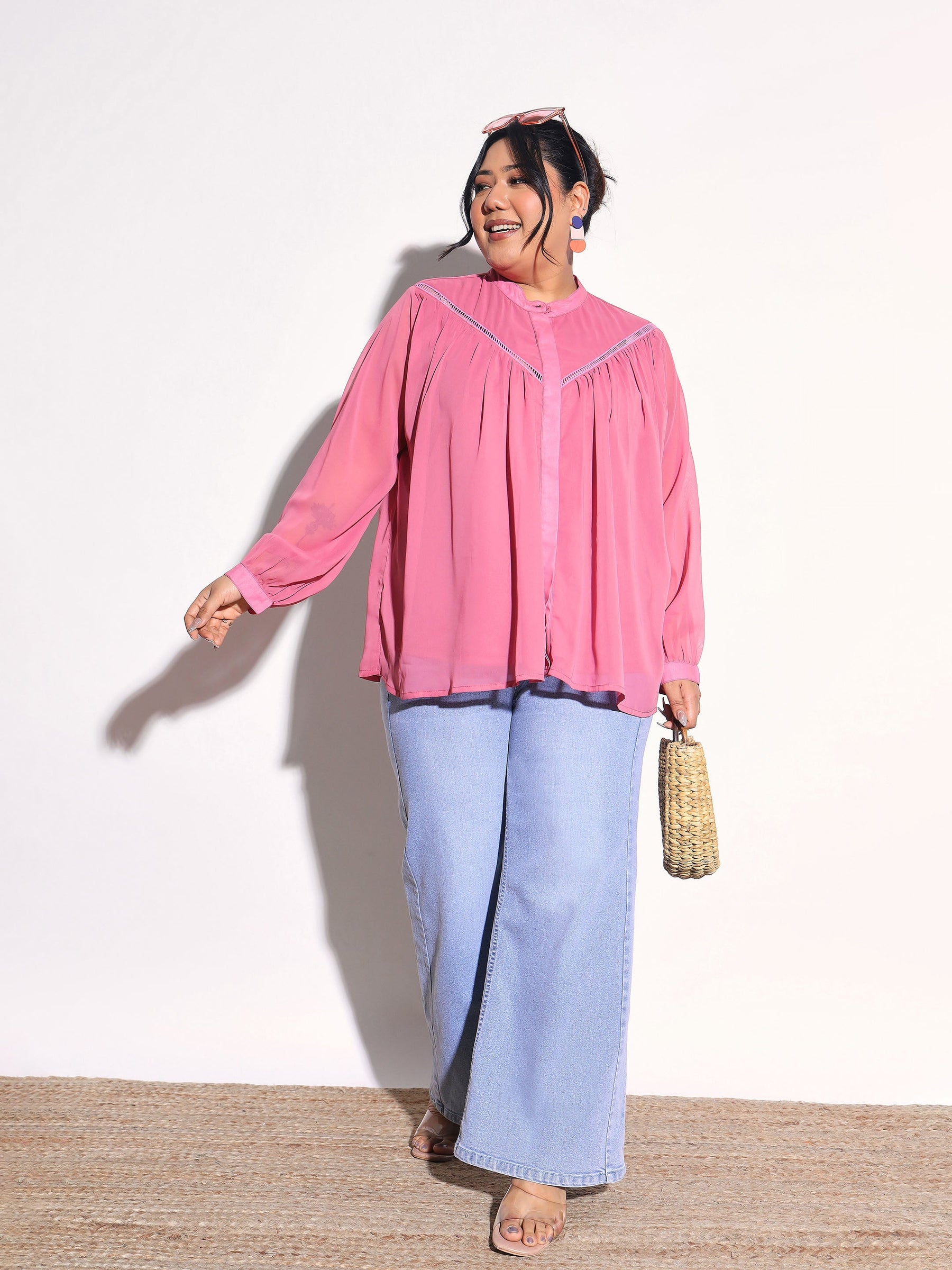 Pink Solid Front Gathered Lace Shirt -SASSAFRAS Curve
