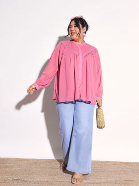 Pink Solid Front Gathered Lace Shirt -SASSAFRAS Curve
