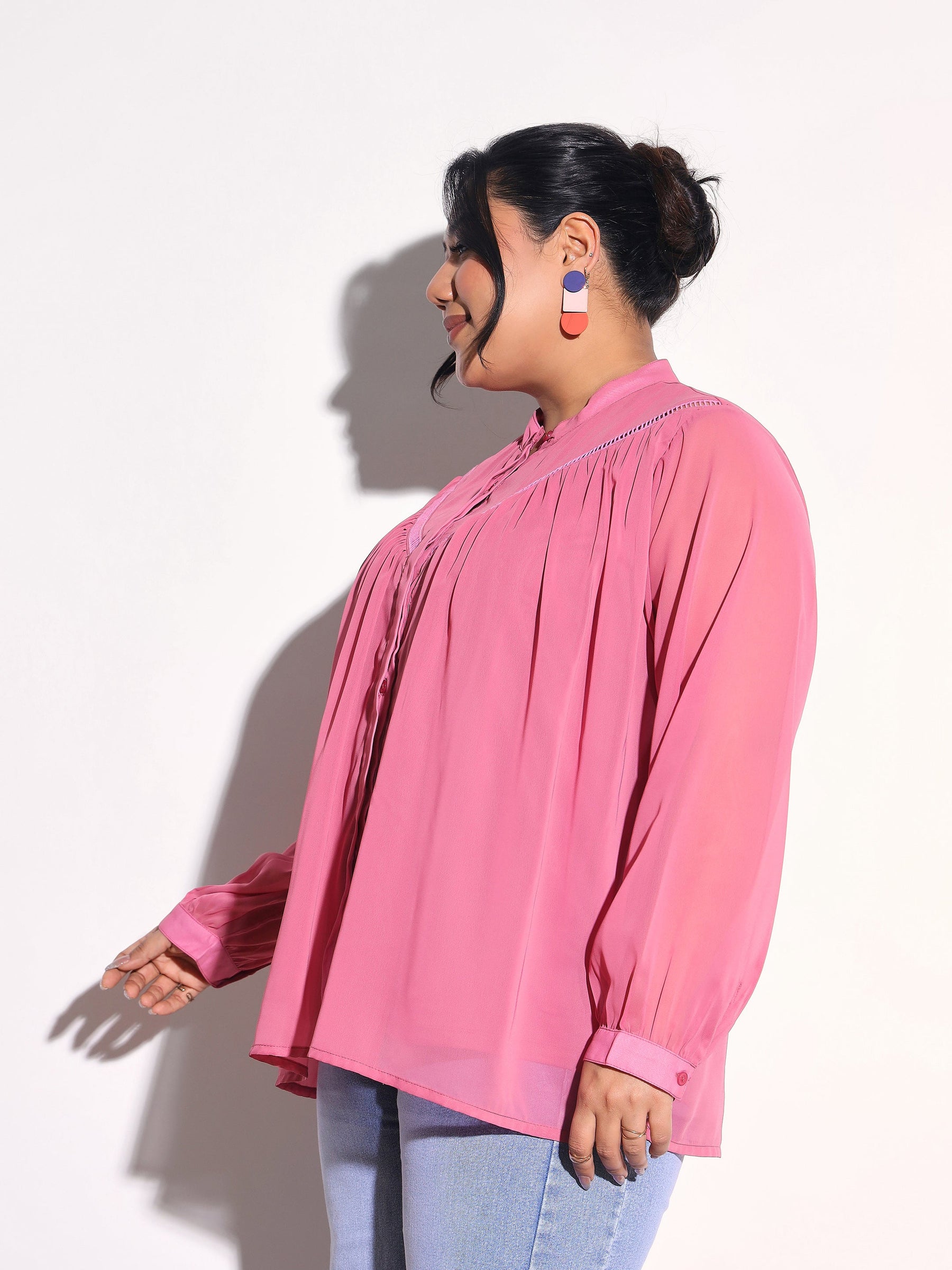 Pink Solid Front Gathered Lace Shirt -SASSAFRAS Curve