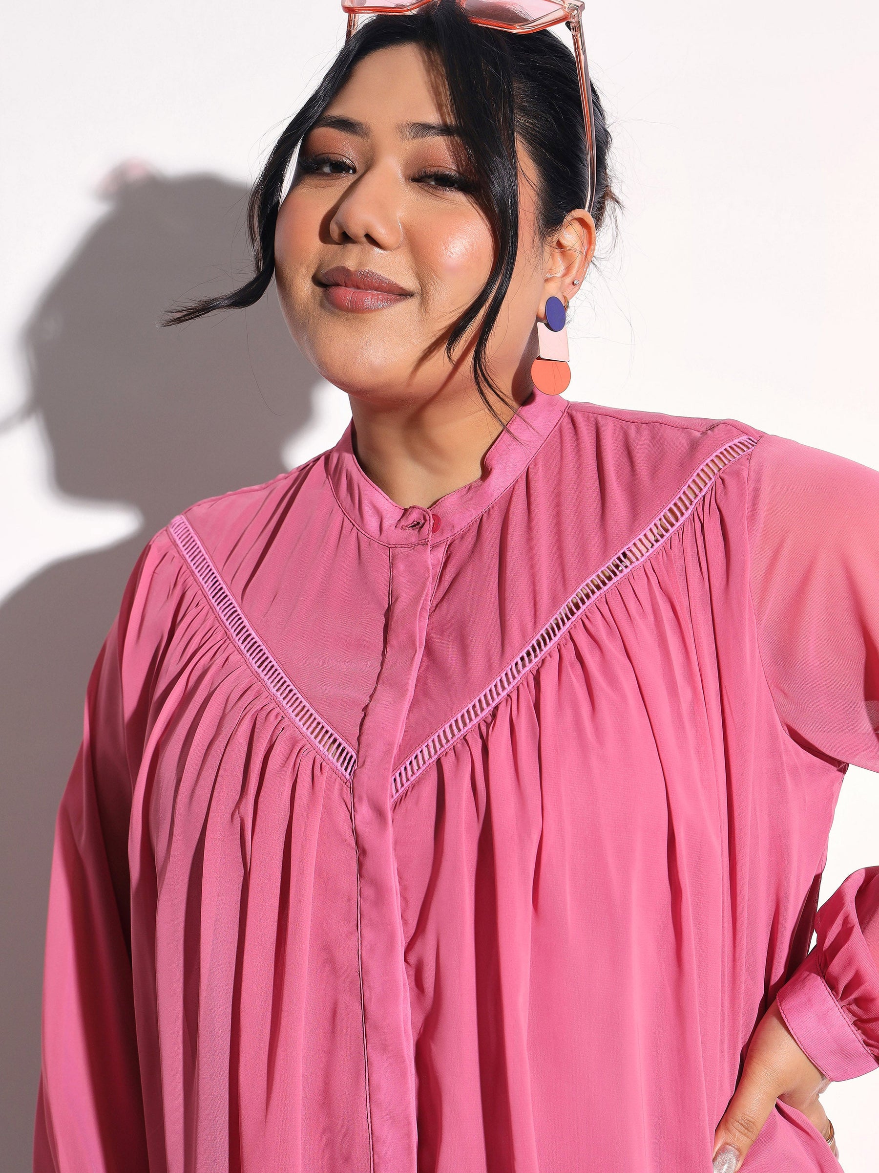 Pink Solid Front Gathered Lace Shirt -SASSAFRAS Curve