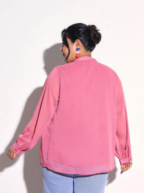 Pink Solid Front Gathered Lace Shirt -SASSAFRAS Curve