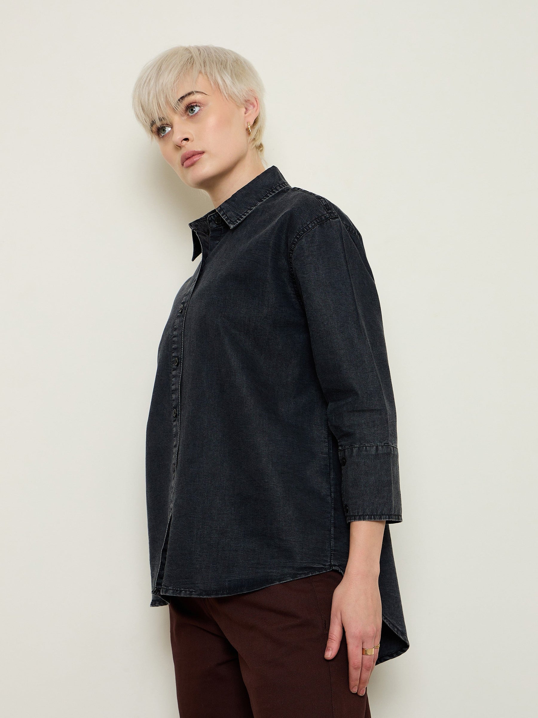 Black Wash Tencel High-Low Oversized Shirt-SASSAFRAS BASICS