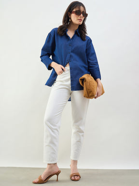 Classic Blue Tencel High-Low Oversized Shirt-SASSAFRAS BASICS
