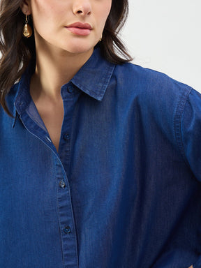 Classic Blue Tencel High-Low Oversized Shirt-SASSAFRAS BASICS