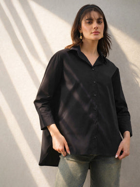 Black High-Low Oversized Boxy Poplin Shirt-SASSAFRAS BASICS