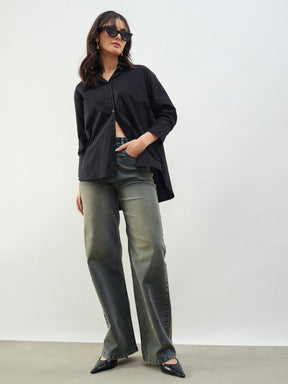 Black High-Low Oversized Boxy Poplin Shirt-SASSAFRAS BASICS