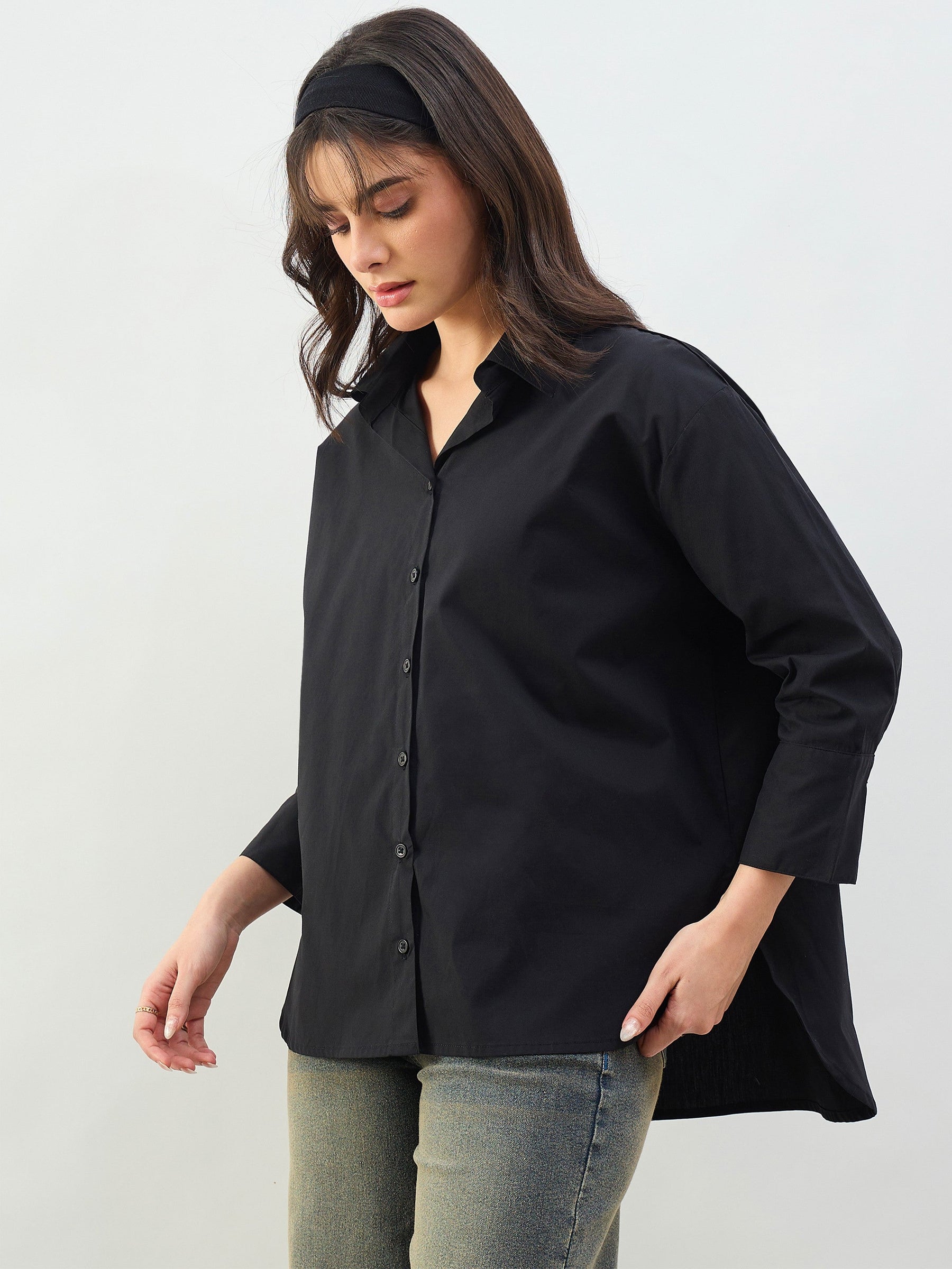 Black High-Low Oversized Boxy Poplin Shirt-SASSAFRAS BASICS