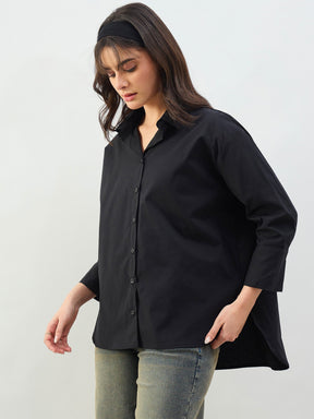 Black High-Low Oversized Boxy Poplin Shirt-SASSAFRAS BASICS