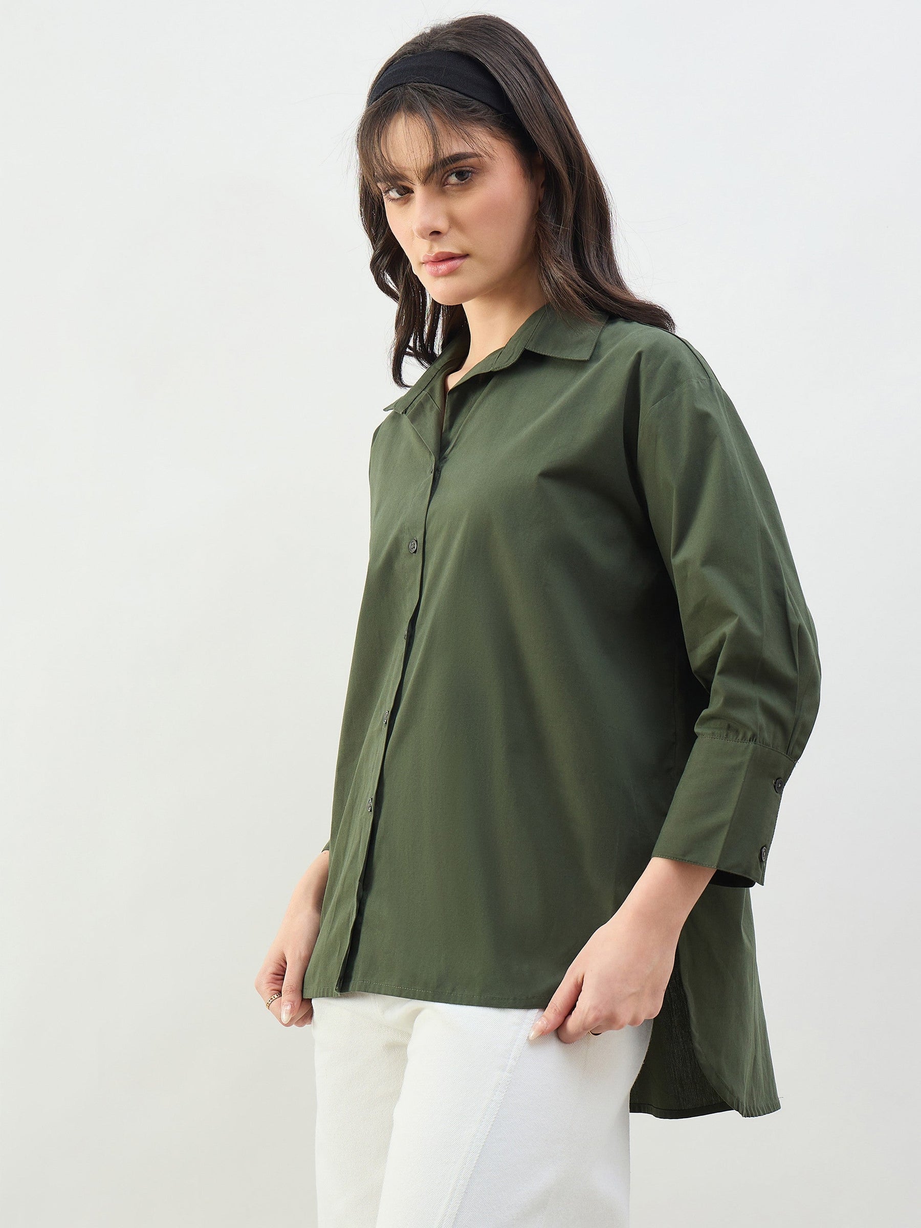 Olive Heigh low Oversized Boxy Poplin Shirt-SASSAFRAS BASICS